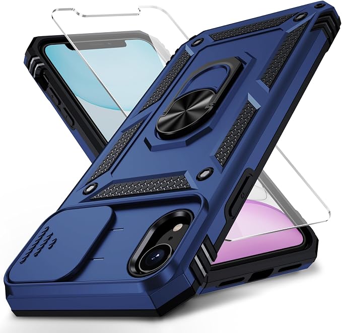 for iPhone XR Case with Camera Lens Cover, HD Screen Protector, 10 FT Military Grade Drop Protection, Magnetic Ring Holder Kickstand Protective Phone Case, Navy Blue by Weycolor