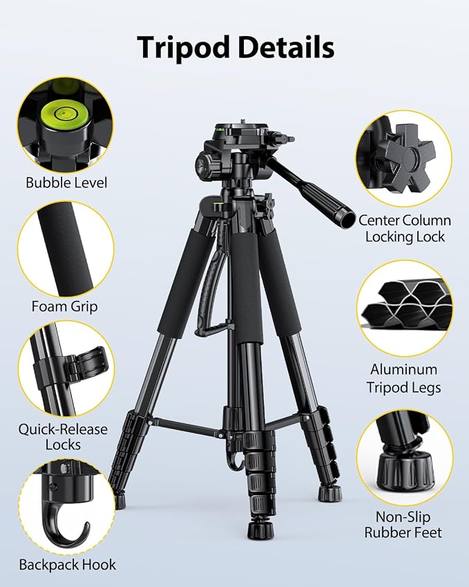 UBeesize 74" Camera Tripod with Phone Holder and Remote, Heavy Duty Tripod Stand with Portable Bag for Phone and Camera, Compatible with DSLR Cameras, Cell Phones, Spotting Scopes and Binoculars - Image 6