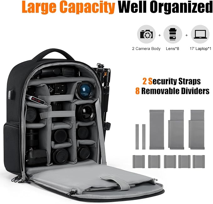 Cwatcun Camera Backpack, Large Water-Resistant DSLR Bag for Canon/Nikon/Sony - Image 2