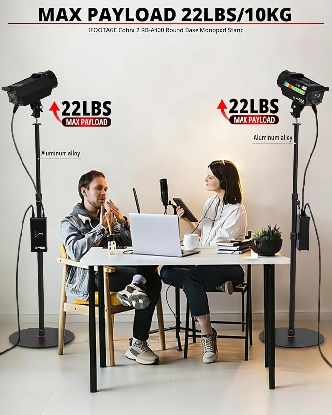 IFOOTAGE RB-A400 Round Base Monopod,79.4" Monopod Light Stand,3/8" Screw and Light Mount Adapter, Stability for LED Video Light,Max.Payload 22LBS/10KG - Image 6