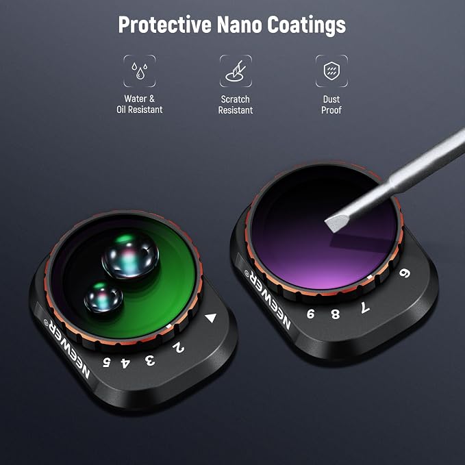 NEEWER Variable ND Filter Set Compatible with DJI Mini 4 Pro, ND2-32 (1-5 Stops) + ND64-512 (6-9 Stops) Multicoated HD Optical Glass Drone Camera Lens Accessories Aerial Photography Video Recording - Image 7