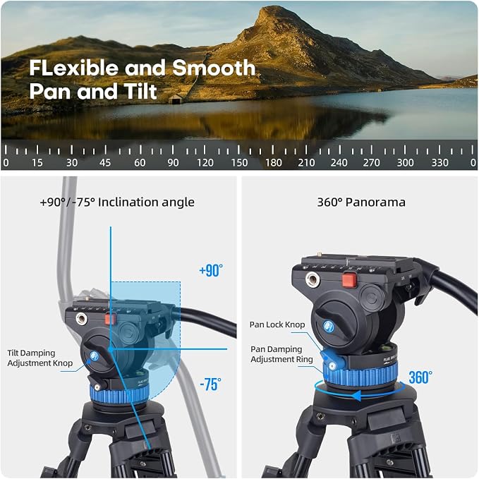 SIRUI AM-25S Video Tripod 74.8", Fluid Head, Quick Release, Max Load 22lb | 360° Pan, +90°/-75° Tilt, Aluminum Alloy, Camcorder, DSLR, Mirrorless Camera, Video Recording, Stable Support - Image 7