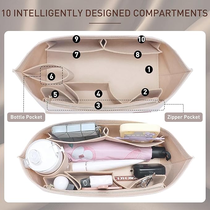 Doxo Purse Organizer Insert for Handbags & Base Shaper 2pc Set, Felt Neverfull PM Organizer Insert, Tote Bag Organizer with Zipper Pocket and Bottle Holder, Fit Neverfull PM and More, Beige-M - Image 5