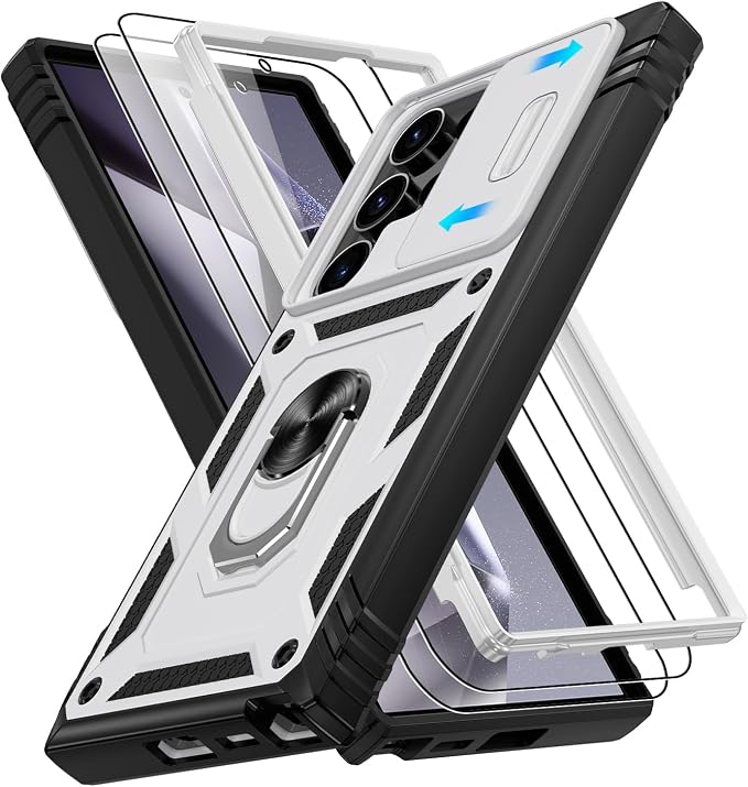 Gritup for Samsung Galaxy S24 Ultra Phone Case: Case S24 Ultra with Screen Protector*2 | Magnetic Stand & Slide Camera Cover | Shock Proof Military-Grade para S24 Ultra Cover -White+Black by Gritup