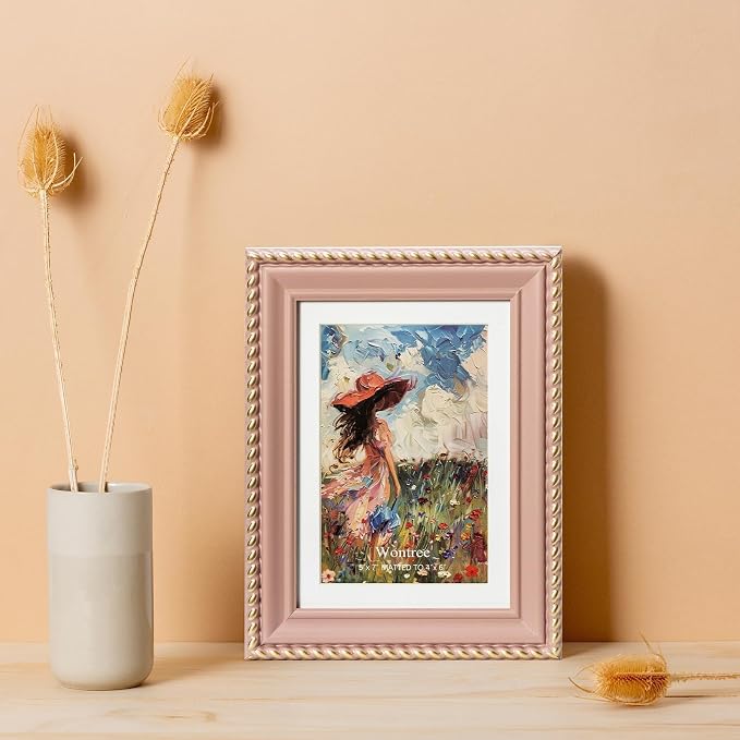 5x7 Picture Frame in Pink with Classic Rope Edge, Solid Wood with Real Glass, Display 5x7 Photos Matted to 4x6, Vertical and Horizontal Desk Tabletop or Wall Hanging - Image 6