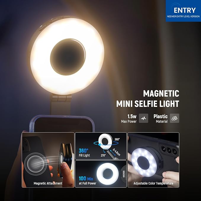NEEWER ENTRY LEVEL VERSION Magnetic Selfie Light Compatible with MagSafe iPhone, 4 Mode CRI95+ 914lx 1.5W Plastic Folding Small LED Phone Fill Ring Lighting for Recording Makeup Video Conference,NL40R - Image 3