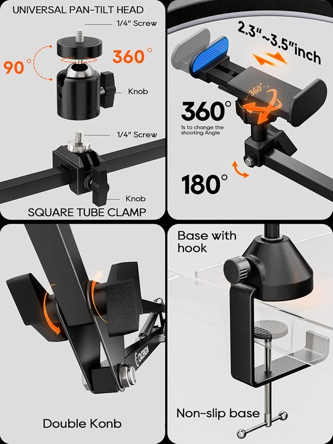 Upgrade Ring Light Overhead Phone Mount, 12”Circle LED Desk Ring Light with Clamp for Video Recording,Flexible Articulating Phone Arm Stand Compatible with iPhone,Live Streaming YouTube Tiktok - Image 6
