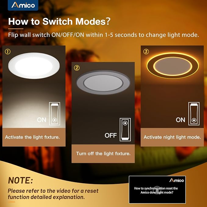Amico 1 Pack 6 Inch 5CCT LED Recessed Ceiling Light with Double Ring Night Light, 2700-5000K Selectable Ultra-Thin Recessed Lighting, 12W=110W, 1100LM, Dimmable Canless Wafer Downlight, ETL, FCC - Image 3