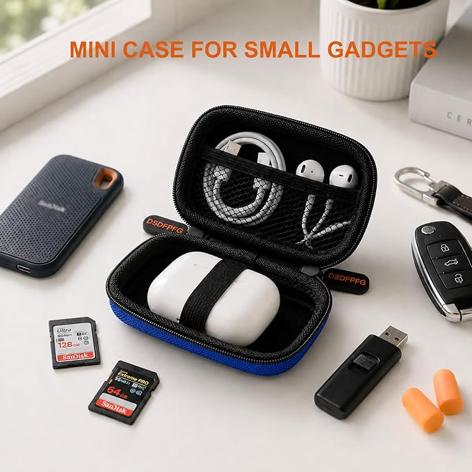Mini Earbud Case, Small Hard Shell EVA Rectangle Carrying Zipper Tech Pouch | Blue for Apple Airpods, Earpods, Galaxy Buds, Wired Wireless Earbuds, Earplugs, IEMs, Flash Drive, USB Cable, Memory Card - Image 4