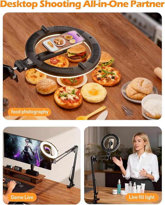 CloudValley Magnetic Overhead Phone Mount with 10" Ring Light, 5000mAh Desktop Tripod with Battery Display, Foldable LED Selfie Light with iPhone Stand for Video Recording Cooking, Live Streaming - Image 7