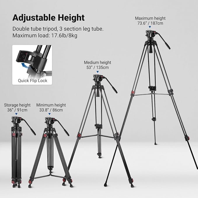 NEEWER 74" Video Tripod with Fluid Head, QR Plate , Aluminum Heavy Duty Camera Tripod Professional for DSLR Cameras Camcorders, Max Load 17.6lb/8kg, TP74 - Image 2