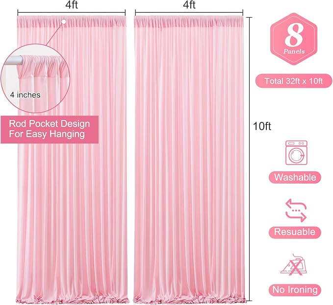 Pink Backdrop Curtains-Wrinkle-Free Polyester Photography Drapes Party Curtain Background for Baby Shower Wedding Decorations- 32 X10FT (Pink) - Image 3
