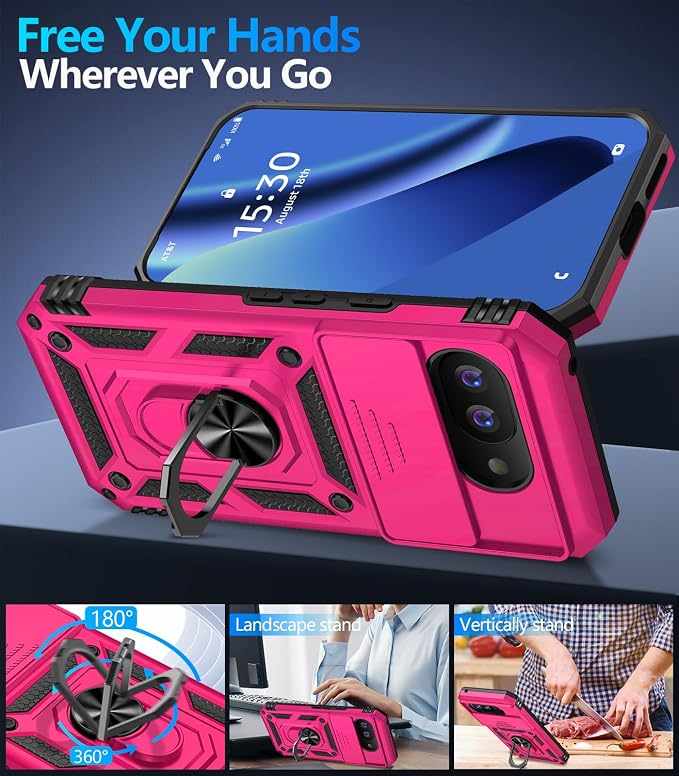 Taisairu for Google Pixel 10A Case with Screen Protector & Slide Camera Lens Cover,Built-in 360°Rotate Magnetic Ring Stand Shockproof Protective Phone Case for Google Pixel 10A Case (Hot Pink) - Image 3