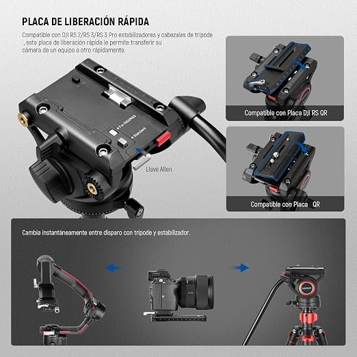 NEEWER 72" Fluid Head Video Tripod Monopod, Aluminum Alloy QR Plate Compatible with DJI RS Gimbal, 360° Pan & +90°/-70° Tilt for DSLR Camera Camcorder, Max Load 13.2lb/6kg, TP72A - Image 3