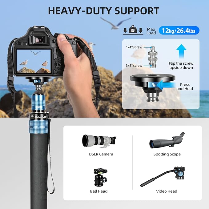 SIRUI AM-404FL Aluminum Camera Monopod with Feet, Removable Base | 74.8" Height, 26.4LB Load, 360° Panning, 4-Section, Canon, Nikon, Sony, DSLR, Mirrorless Camera - Image 3