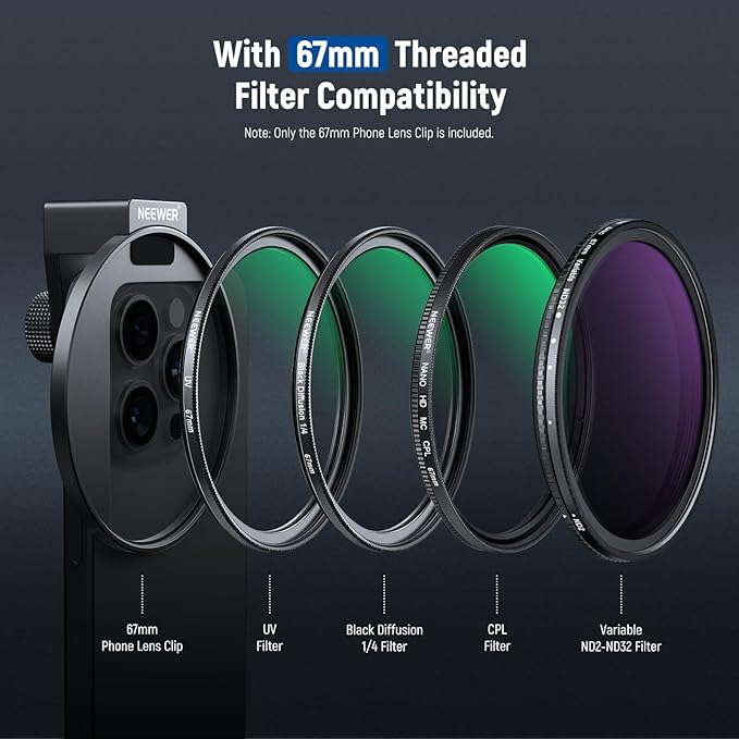 NEEWER 67mm Phone Filter Mount, Adjustable Threaded Lens Filter Clip with Cold Shoe Mount Compatible with iPhone 17 16 15 Pro Max Plus 14 13 Samsung Galaxy S25 Ultra S24, LA006 - Image 6