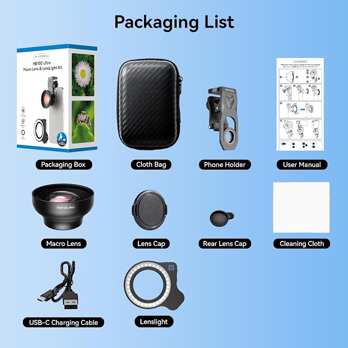 Upgraded Professional Macro Lens for Smartphone with Ring Light, HB100U Macro Photography Lens, Aluminum Phone Camera Lens Kit with Universal Clip. Phone Lens Attachment Fit for iPhone/Android Phone - Image 8