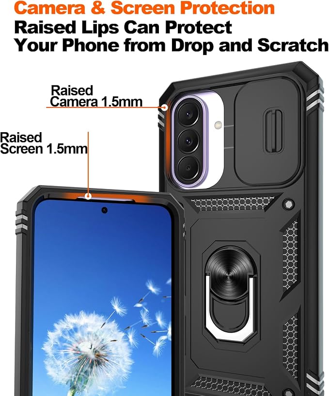 Gritup for Samsung Galaxy A37 5G Phone Case with Camera Cover | 2*Screen Protector | 360° Rotating Ring Kickstand, Military Grade Protective Cover para Samsung A 37, Black - Image 4