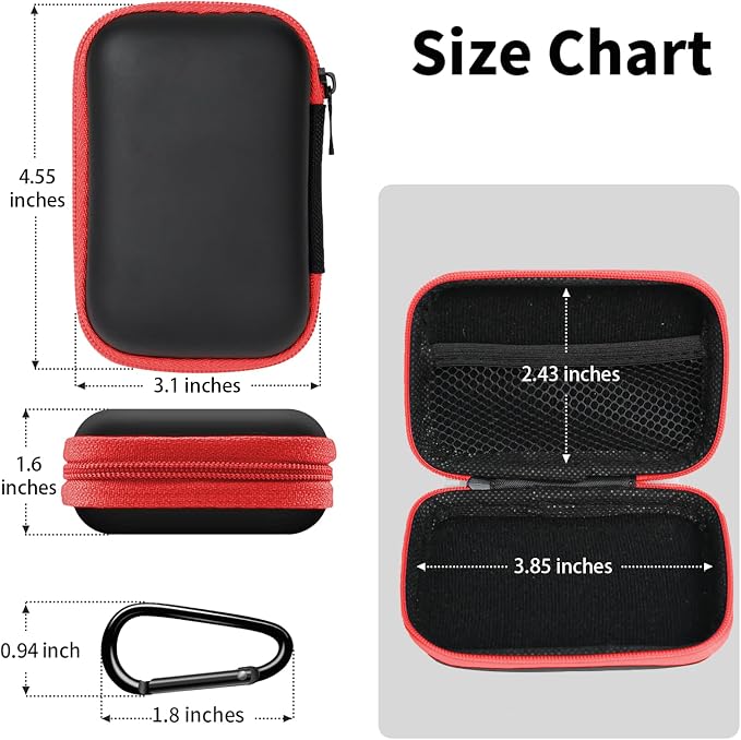 Earbud Case Portable EVA Storage Bag Cell Phone Accessories Organizer with Carabiner for Wired/Wireless Earphone, Earbud, Earpieces, SD Memory Card, Camera Chips, Tech Pouch, Rectangle, Red - Image 2