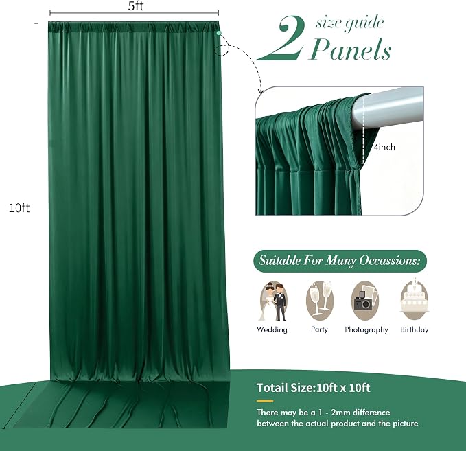 10 ft x 10 ft Wrinkle Free Hunter Green Backdrop Curtain for Parties, Polyester Dark Green Photo Backdrop Drapes 2 Panels 5x10ft for Baby Shower Wedding Birthday Party Photography Curtains - Image 7
