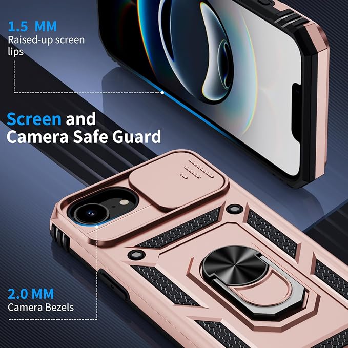 for iPhone 17e Case & iPhone 16e Case with 2X HD Screen Protector & Slide Camera Cover & Rotated Ring Kickstand, Rugged Heavy Duty Protective Phone Case for iPhone 17e/16e 6.1", Rose Gold - Image 6