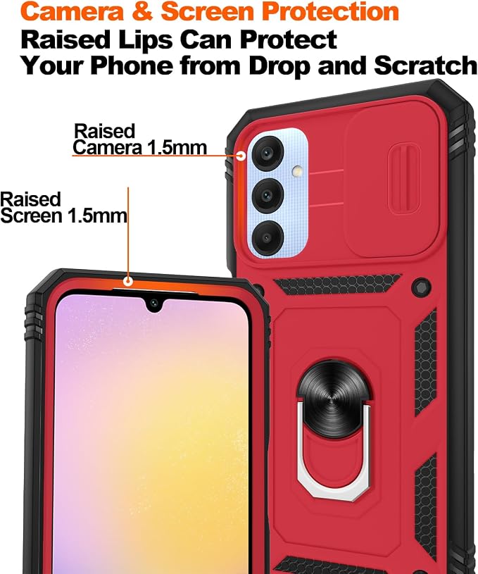 Fit for Samsung Galaxy A25 5G Phone Case with 2PCS Screen Protector, Build in 360° Rotating Ring Kickstand, Military Grade Protective Case for Samsung A25 Case Phone, Red+Black - Image 4