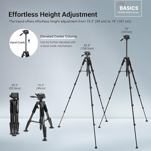NEEWER Basics TP56 Camera Tripod, 74" Tripod with Cell Phone Holder Mount | Compatible with iPhone for Video Recording, Professional Aluminum Lightweight Portable Travel Stand, 3 Way Pan Tilt Head - Image 3