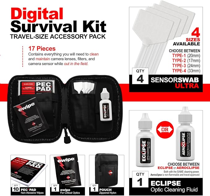 Photographic Solutions Digital Survival Kit - Type-3 (24mm) Sensor Swabs, PEC-PAD Photo Wipes, E-Wipe Packet, Eclipse Optic Cleaning Fluid - Camera Cleaning Kit with Travel Bag - Image 8