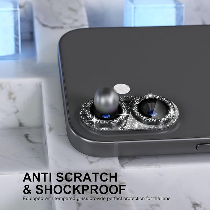 Choiche for iPhone 16 /iPhone 16 Plus Camera Lens Protector, Glitter-Black | Bling Metal Camera Cover with 9H Tempered Glass Lens Screen Protector Accessories, Strong Adsorption, Case-Friendly - Image 3
