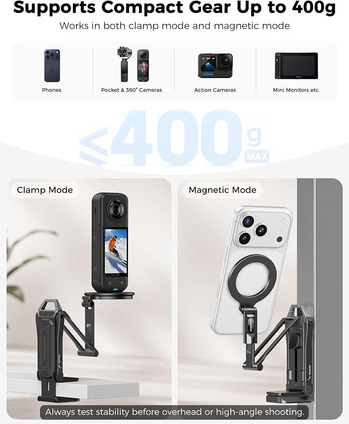 OMOTON TP02-Ultra Multi-Device Camera & Phone Mount with 1/4" Adapter Black | Built-In 1/4" & Arca Base, Clamp, Magnetic & Tripod Setups for iPhone, Pocket/Action Cameras, Overhead & Low-Angle Filming - Image 7