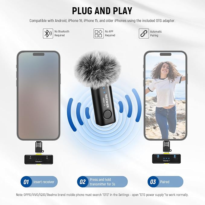NEEWER Wireless Lavalier Microphone System for USB C, Compatible with iPhone 16 15 Samsung Android Phones, Noise Cancelling Mini Lav Omnidirectional Condenser Mic for Vlogging Live Streaming, KM23 - Image 5