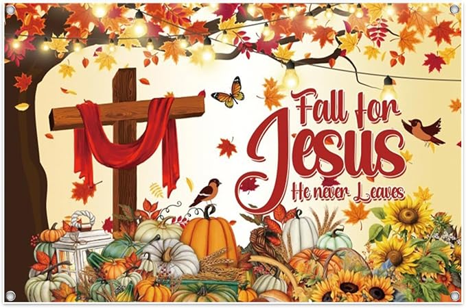 Thanksgiving Banner 10x7ft Polyester Fall for Jesus He Never Leaves Banner Outdoor Happy Thanksgiving Backdrop Fall Decorations for Party Pumpkin Patch Backdrop by Leowefowa
