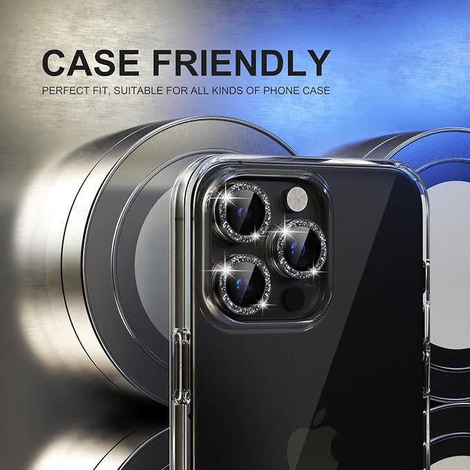 Choiche for iPhone 15 Pro/iPhone 15 Pro Max Camera Lens Protector | Ultra HD, Bling 9H Tempered Glass Camera Cover Screen Protector Metal Ring Decoration Accessories (Glitter-Black) - Image 4