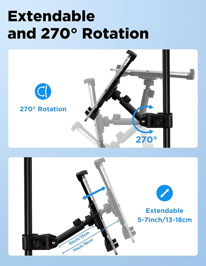 LZSIG Tablet Holder for Mic Stand, Adjustable iPad iPhone Mount for Music Stand - Compatible with Kindle/Android/Smartphones, Fits 4.7 to 13.5-inch Devices | Adjustable 360° Swivel Phone Stand for Tripod, Clamp Attachment Mount Fits 4.7-13.5" Screens, ... - Image 2