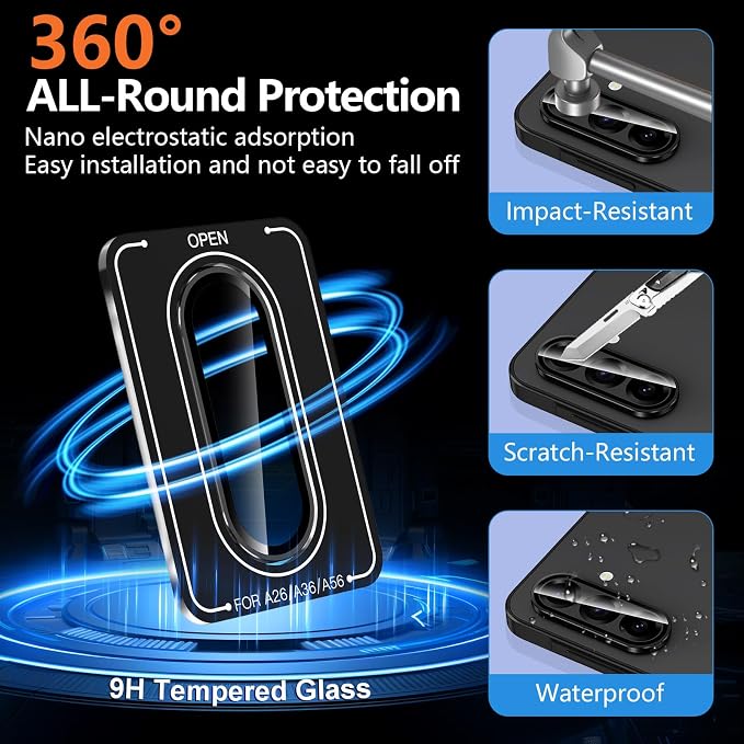 for Samsung Galaxy A36/A56 Camera Lens Protector, Individual Metal Ring Tempered Glass Lens Cover, [Strong Adsorption] Scratch Resistant Ultra-Thin HD Clear Lens Cover, 1 Set-Black Ring - Image 2