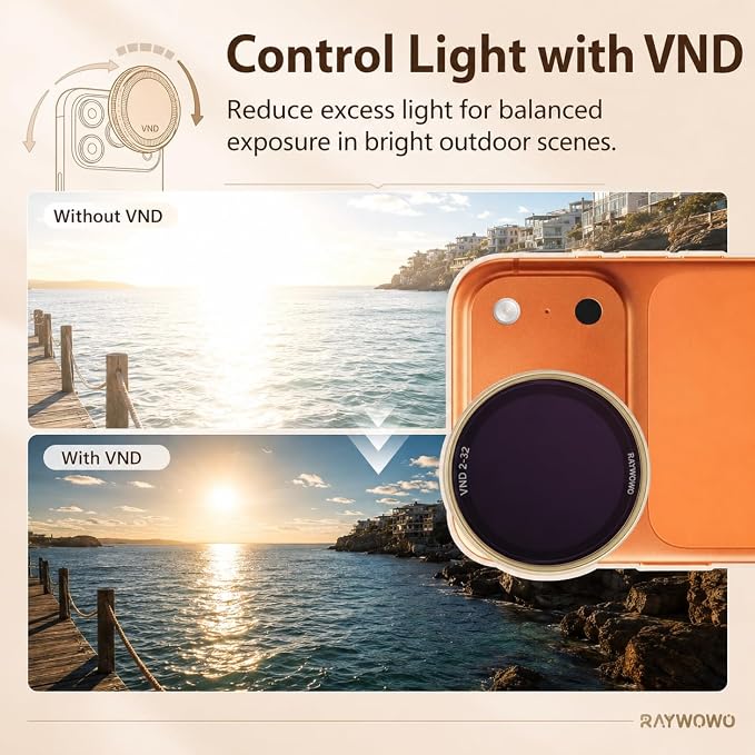VND2-32 Lens Filter for iPhone 17 Pro, Orange Gold | Variable ND filter controls exposure from ND2 to ND32 for outdoor video; quick-install design for iPhone photos and filming. - Image 2