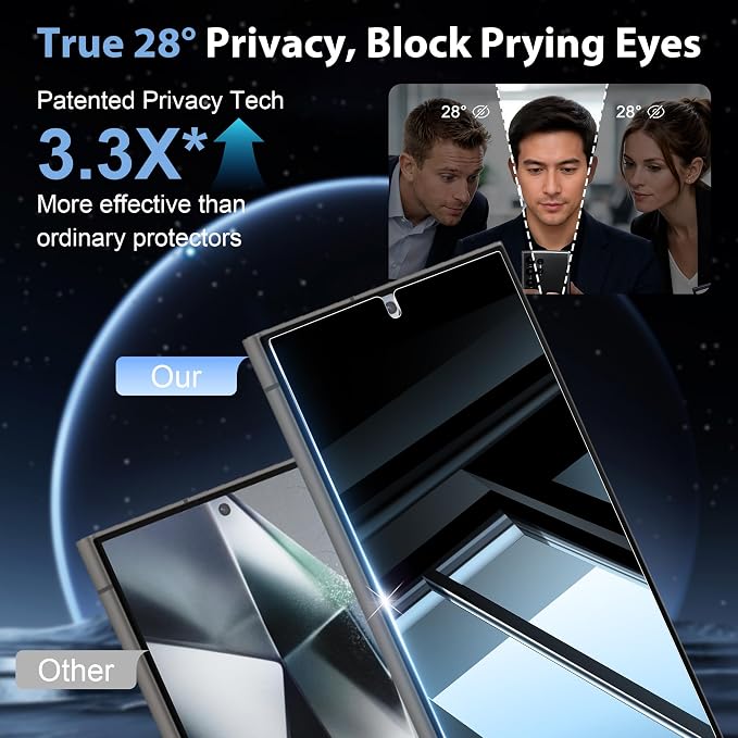 [2+2 Pack] for Galaxy S24 Ultra Privacy Screen Protector Glass | 2 Pack Camera Lens Protector, 9H Tempered Glass, Ultrasonic Fingerprint, Easy Install, for Samsung S24 Ultra Screen Protector - Image 3
