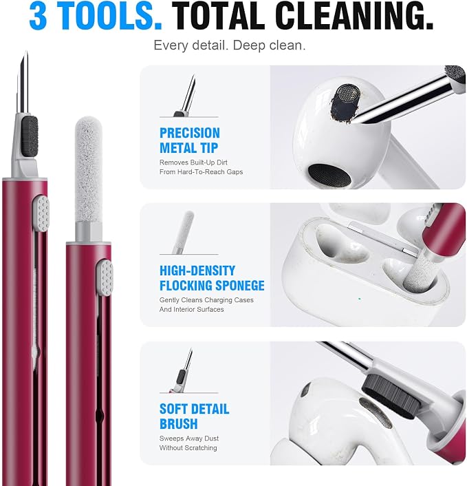 Hyashee Cleaner Kit for Airpods Pro 1 2 3 Multi-Function Cleaning Pen with Soft Brush Flocking Sponge for Bluetooth Earphones Case Cleaning Tools (Red) - Image 4