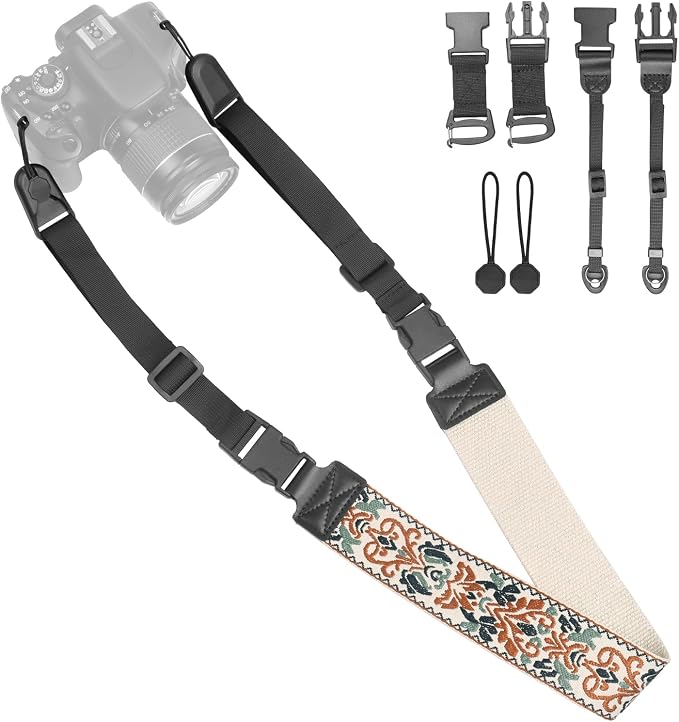 Adjustable Camera Neck Strap, Vintage Embroidered Shoulder & Crossbody Camera Strap with 4 Connection Ways, Anti-Slip Camera Strap for DSLR, Mirrorless & Camcorder, Travel & Outdoor Photography Gear by YFWE