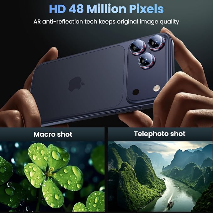 Uyiton for iPhone 17/16/15/14 (Pro Max & Pro) Camera Lens Protector | Unique Lines Text Design, Case-Friendly, Military-Grade Sapphire Glass Metal Camera Cover, Easy to Install, Blue+Red - Image 2