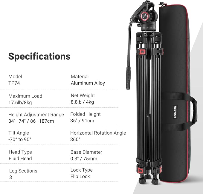 NEEWER 74" Video Tripod with Fluid Head, QR Plate , Aluminum Heavy Duty Camera Tripod Professional for DSLR Cameras Camcorders, Max Load 17.6lb/8kg, TP74 - Image 8