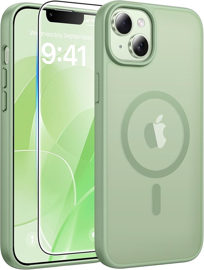 FNTCASE for iPhone 15/14 Plus Case, Fit for Magsafe, Screen Protector | Translucent Matte Magnetic Back, 14FT Military Grade Drop Protection, Shockproof Protective Phone Cover, Light Moss by FNTCASE