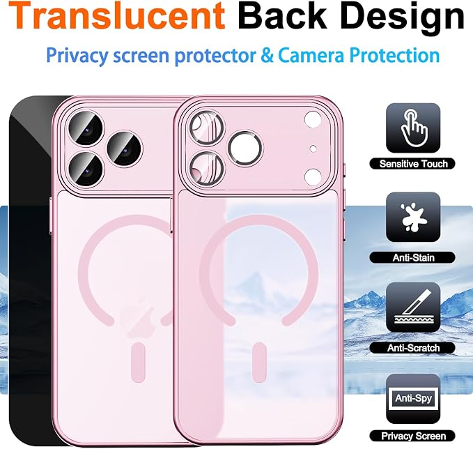 Magnetic for iPhone 17 Pro Case with Privacy Screen Protector, Pink | Full Camera Protection, Compatible with MagSafe, Translucent Matte Shockproof Phone Cover for iPhone 17 Pro Women Girls - Image 2