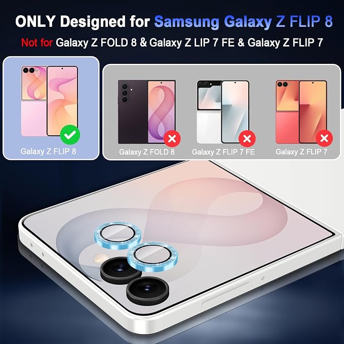 Meshine for Samsung Galaxy Z Flip 8 Camera Lens Protector,Scratch Proof,Strong Adsorption,9H Hardness with Metal Ring Camera Cover,Ultra Thin Case Friendly,Accessories Lens Protector,Glitter Blue - Image 2