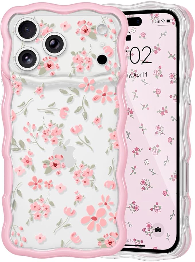 QLTYPRI for iPhone 17 Pro Max Pink Flower Case, Clear Cute Pink Floral Flower Phone Case Curly Wavy Aesthetic Phone Cover, Soft Slim Transparent TPU Shockproof Protective Cover for Women Girls - Pink by QLTYPRI
