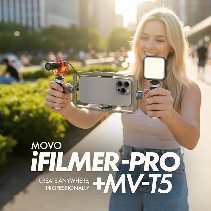 Movo iFilmer-PRO Smartphone Video Rig Kit – Stabilizer Cage with Dual Grips, VXR10 Shotgun Microphone, LED Light, & Tripod for iPhone/Android - Image 3