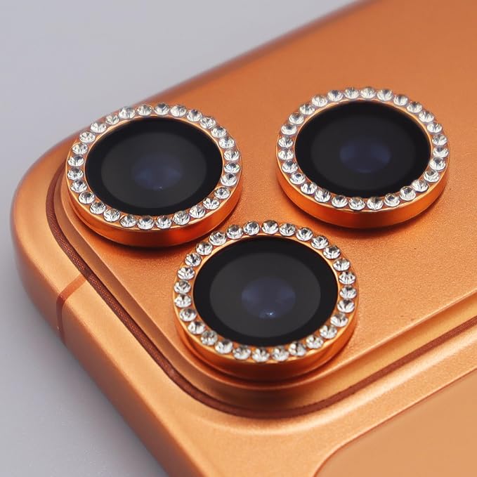 BONVAN for iPhone 17 Pro / 17 Pro Max Camera Lens Protector Bling Glitter Diamond Metal Crystal Tempered Glass Screen Accessories Rhinestones Lens Cover for iPhone 17 Pro/Pro Max (Orange) - Image 3