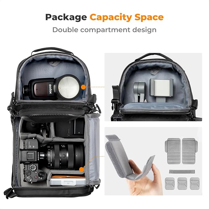 K&F CONCEPT Hardshell Camera Sling Bag, 10L EVA Case with Tripod Holder | EVA hardshell Camera Sling. Fits Mirrorless & Small DSLR. 5 Padded Dividers. Strap 33-43.7 in. Water & shock proof. - Image 3