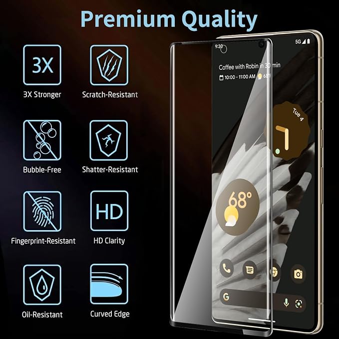 [3+1 Pack] for Google Pixel 7 Pro Screen Protector, 9H Tempered Glass, Ultrasonic Fingerprint Compatible, 3D Curved, HD Clear Scratch Resistant for Google Pixel 7 Pro 5G Glass Screen Protector - Image 2