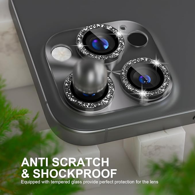 Choiche for iPhone 16 Pro/iPhone 16 Pro Max Camera Lens Protector | Bling Camera Cover with 9H Tempered Glass Lens Screen Protector Metal Ring Decoration Accessories (Clear-Black) - Image 3
